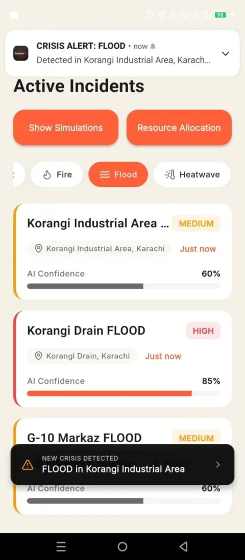 Incident monitoring interface displaying active crises with severity levels, location details, confidence indicators, and access to deeper response information.