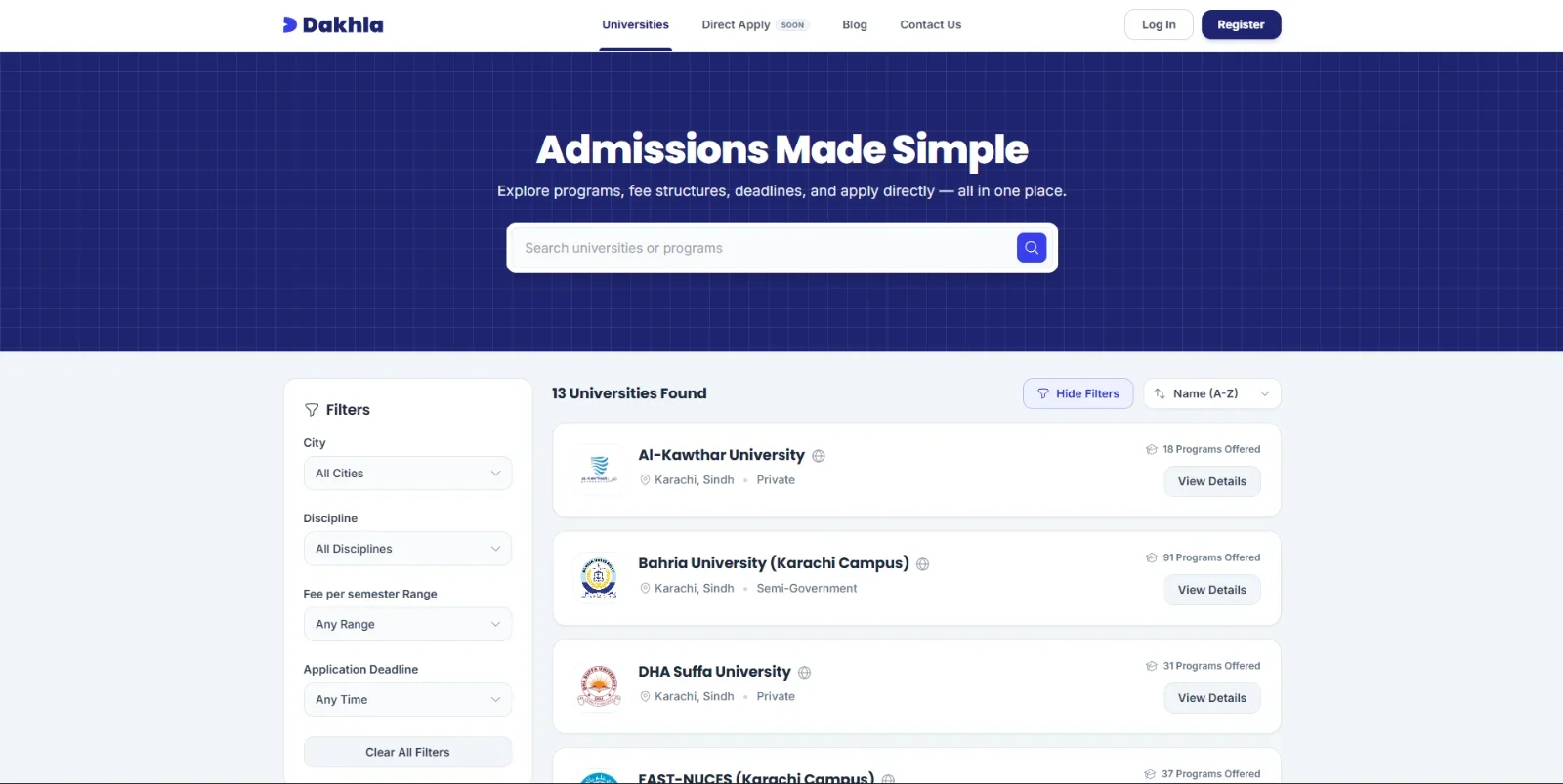 Dakhla’s university discovery interface, featuring searchable university listings, program information, and filters for city, discipline, fee range, and application deadlines.