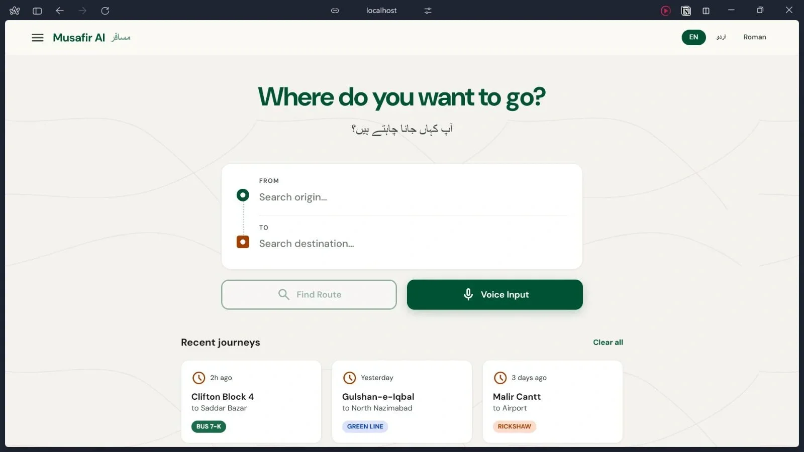 Musafir AI interface for planning Karachi public transport journeys using local bus-route data, semantic search, RAG, Gemini, and map-based navigation.