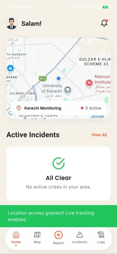 BakhabarAI home dashboard showing active incidents, severity summaries, map-based monitoring, and quick access to crisis response workflows.