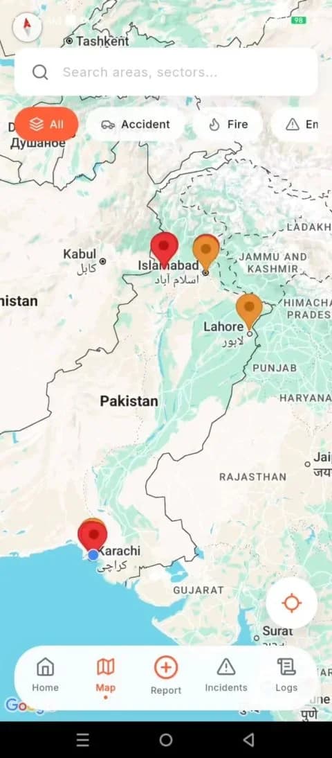 Google Maps-powered crisis view displaying active incidents through severity-coded markers for real-time location-based emergency monitoring.