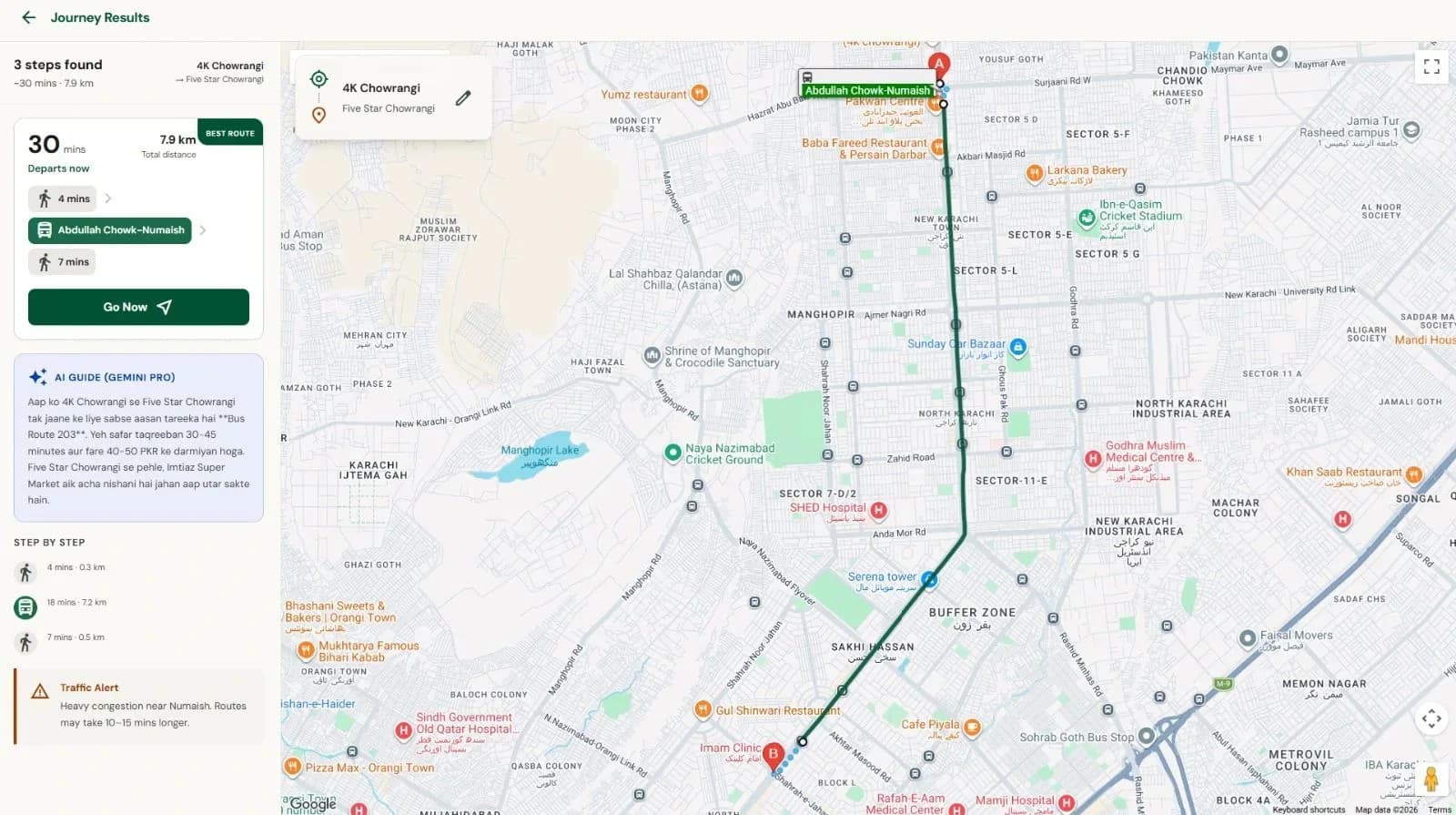 Map-based journey view showing the user’s origin, destination, and suggested public transport route alongside locally grounded transit guidance.